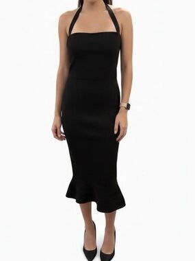 Black Bandage Bodycon Midi Dress Halter Ruffle Hem Size Medium